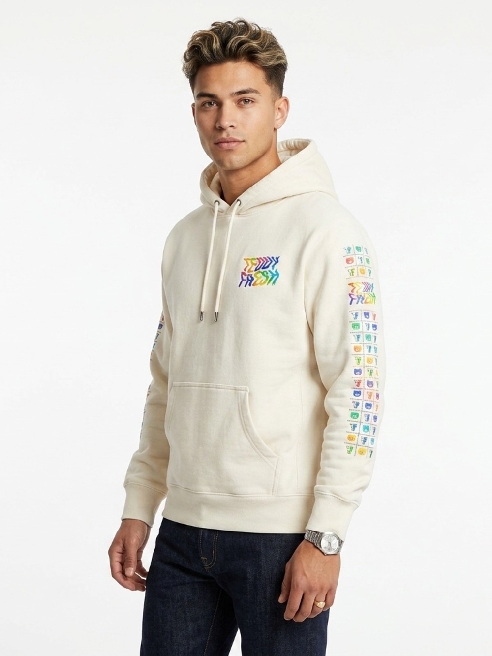 Teddy Fresh Acid Trip Rainbow Spellout Logo Cotton Hoodie Cream Medium